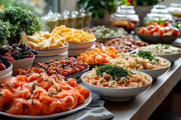 an elegant brunch buffet with a variety of colorful and delicious dishes. bright morning light, luxurious setting, high detail, wide angle,