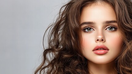 Beautiful woman is posing with soft makeup and wavy brown hair in a studio environment.
