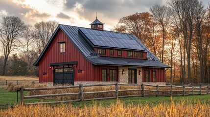 Obraz premium Rustic Red Barn with Solar Panels: Autumnal Countryside Charm