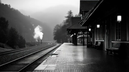 Fototapeta premium Black and white photograph of a quiet train station with steam rising in the distance