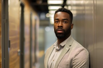 Obraz premium Portrait of a confident black man in office hallway