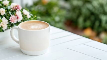 Latte in a mug, outdoor setting