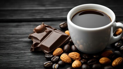 Fototapeta premium A cozy scene featuring a cup of black coffee surrounded by chocolate, almonds, and coffee beans on a wooden surface