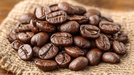 Naklejka premium Close-up of a mound of freshly roasted coffee beans on a rustic burlap background