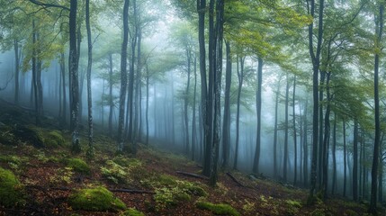 Fototapeta premium Panorama of a beech and oak forest in thick fog