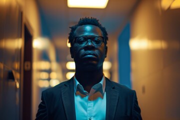 Portrait of a confident black man in office hallway