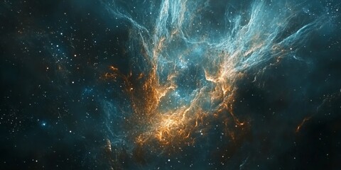 An abstract cosmic scene with swirling galaxies, shimmering stars, and streaks of light forming intricate patterns