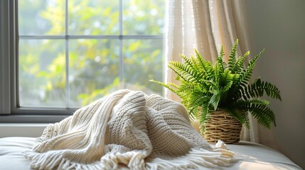 Cozy nook throw blanket indoor plant and soft tones copy space on the right side
