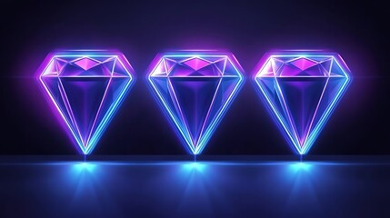 Three sparkling neon diamonds illuminated in a vibrant purple and blue setting