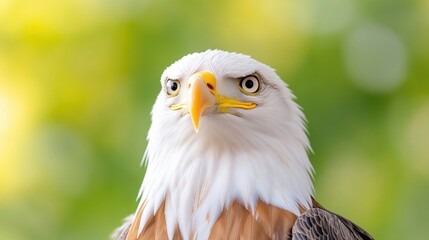 Fototapeta premium Bald Eagle Portrait, Close Up, High Resolution, Front View, Majestic Bird, Wildlife Photography, Green Background, Warm Hues, Nature Imagery