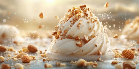 Fototapeta premium Delicious creamy dessert topped with crunchy nuts under a glowing sunset sky at a beach