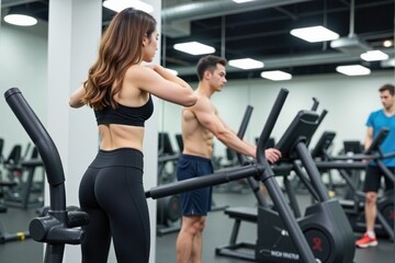 A young adult woman in a sports bra and leggings preparing for a workout while a shirtless man rests on gym equipment in a modern fitness center.
