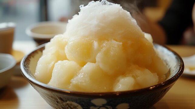 Peach-flavored shaved ice in a traditional bowl / 伝統的な器に盛られた桃味のかき氷