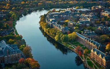 Fototapeta premium Aerial Vista of River Bending Through Urban Landscape in Autumnal Splendor