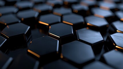 Obraz premium Close-up view of glossy black hexagonal tiles arranged in a pattern with subtle lighting effects