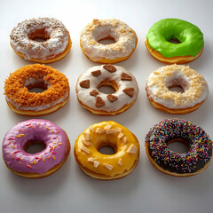 Assorted Donuts Displayed on White Surface with Colorful Icing and Sprinkles Photo