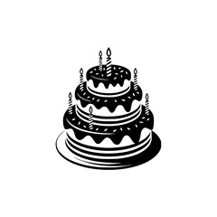 Elegant Birthday Cake Icon, Black and White Vector Illustration