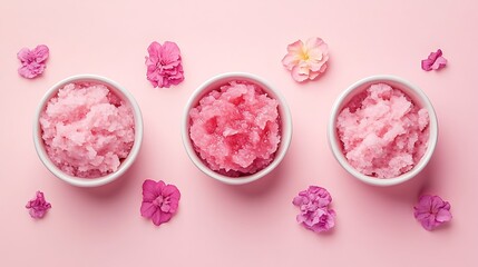 Fototapeta premium Rose Petals and Bath Salts in Pink Bowls / ピンクのボウルに入ったバラの花びらとバスソルト