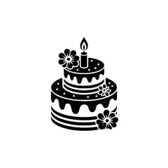 Minimalist Two-Tier Birthday Cake with Candle and Flowers - Black & White Vector