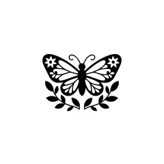 Elegant Black Butterfly Silhouette with Floral Details on White Background