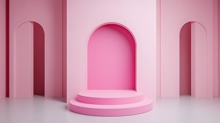 An elegant pink architectural stage with arched alcoves decorates space