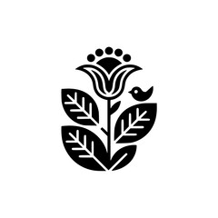 Stylized Black Floral Design with Bird on Pale Background