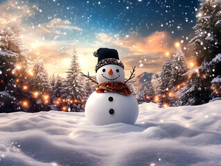 Digital Photo of a Cheerful Snowman in a Snowy Forest with Festive Lighting