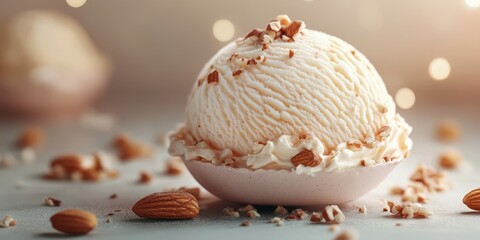 Delicious scoop of vanilla ice cream topped with chopped nuts in a decorative bowl on a light background