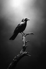 Solitary Raven on a Weathered Branch Black and White Photography