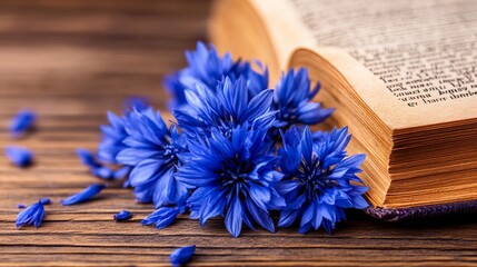 Fototapeta premium Blue cornflowers are arranged near an open antique book on a rustic wooden surface.