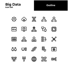 Big data outline icon set. Big data bold line icon set.
