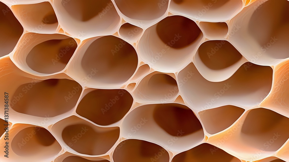Poster macro view of organic honeycomb-like structure with oval cells in warm brown and beige tones creatin