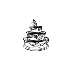 Elegant Black and White Layered Cake Illustration, Line Art with Shadow