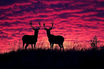 Two deer silhouettes stand silhouetted against a colorful sunset background