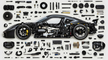 Deconstructed Black Car Parts Arranged On White Background Photo