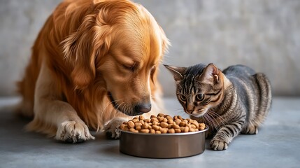 Dog and Cat Eating from Food Bowls / 餌皿から食べる犬と猫