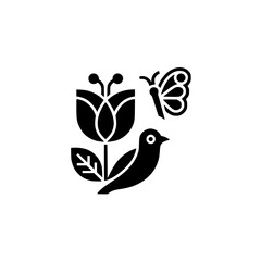 Minimalist Black & White Spring Illustration: Flower, Bird, Butterfly