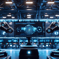 Futuristic Technology Interface With Robotic Arms And Digital Display Photo