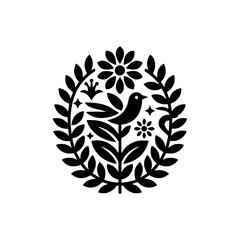 Black & White Floral Bird Illustration, Minimalist Emblem