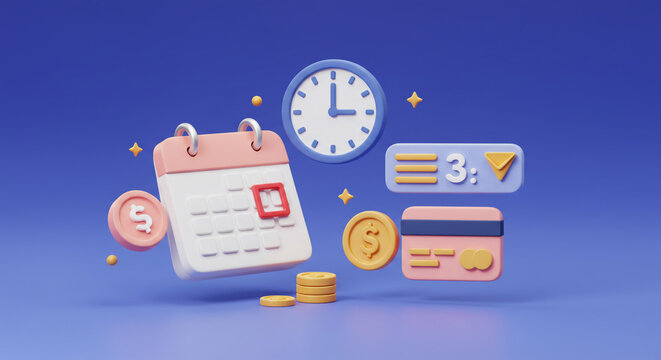 Managing your finances, scheduling payments and tracking expenses made easy with a calendar, clock, credit card and coins in a vibrant 3D illustration.