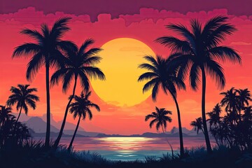 Obraz premium A Stunning Tropical Sunset Depicted Behind Palm Tree Silhouettes
