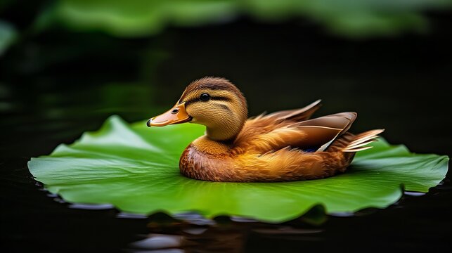 Brown duck rests peacefully on a vibrant green lily pad floating serenely on dark, reflective water. - Powered by Adobe