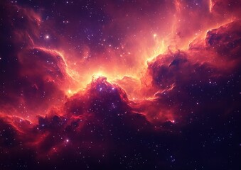 Obraz premium star cluster glowing in deep space, capturing a cluster of stars against a backdrop of gaseous formations with shades of red and purple