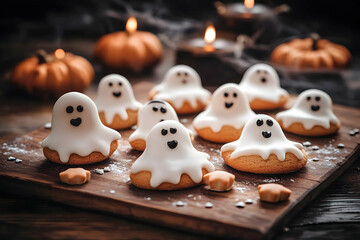 Halloween Ghost Cookies On Wooden Board With Candles and Pumpkins