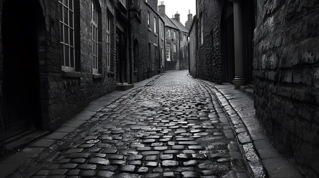 Fototapeta Professional Black and White Photo of a Charming Mews with Cobbled Streets