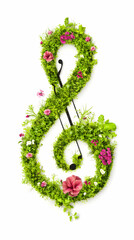 Fototapeta premium Floral Treble Clef Illustration With Green Leaves And Pink Flowers On White Background