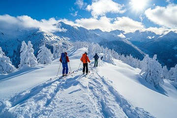 Several skiers are traversing a snowy mountain ridge under a bright sun