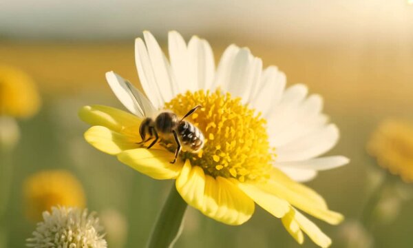 bee collects pollen on a primrose flower. Beautiful nature spring video