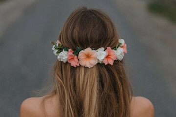 Naklejka premium A woman with long brown hair wearing a flower headband