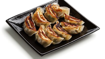Pan-Fried Dumplings (Gyoza) on a Black Plate with White Background / 白い背景の黒い皿に盛られた焼き餃子（餃子）